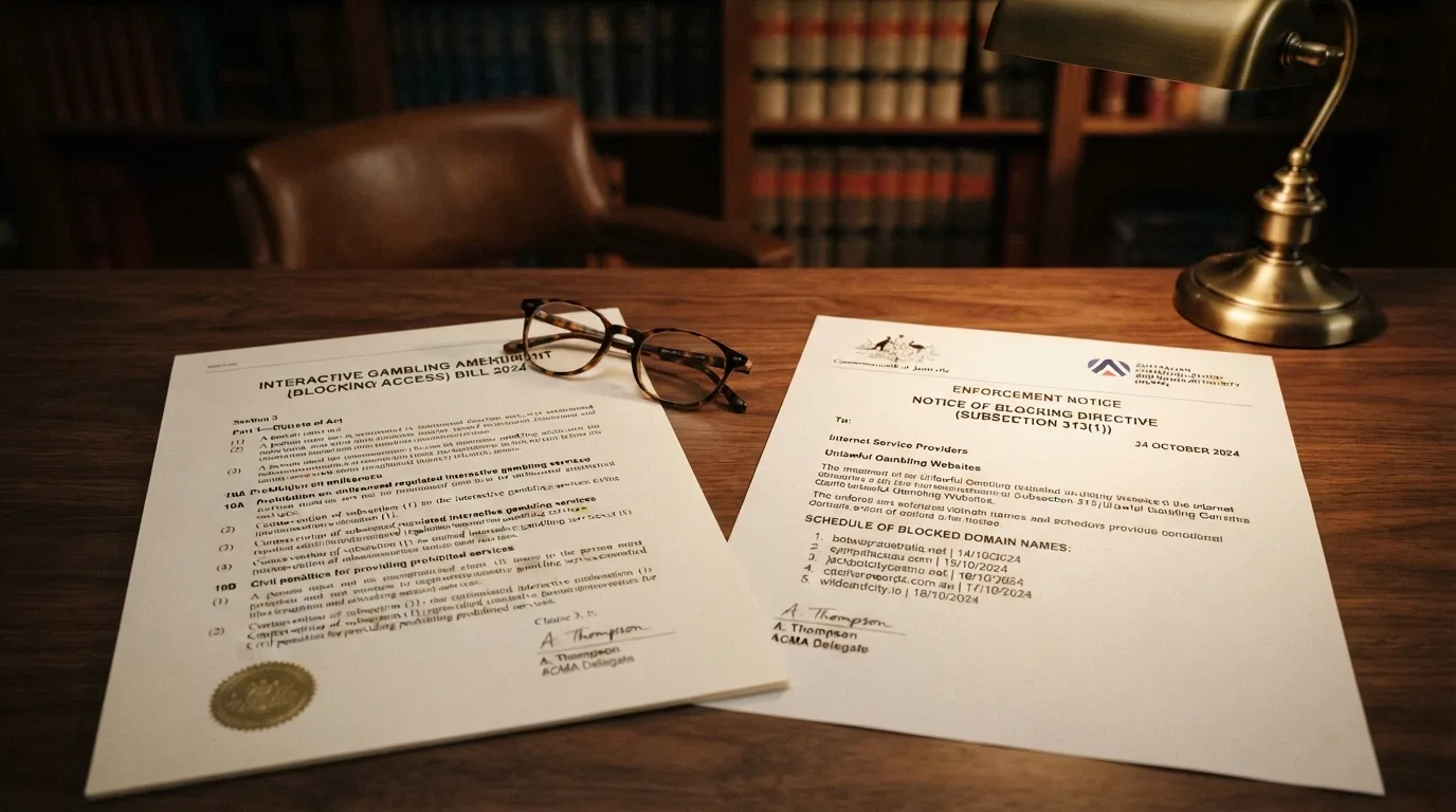 A document with the Interactive Gambling Act header and an ACMA enforcement notice beside it