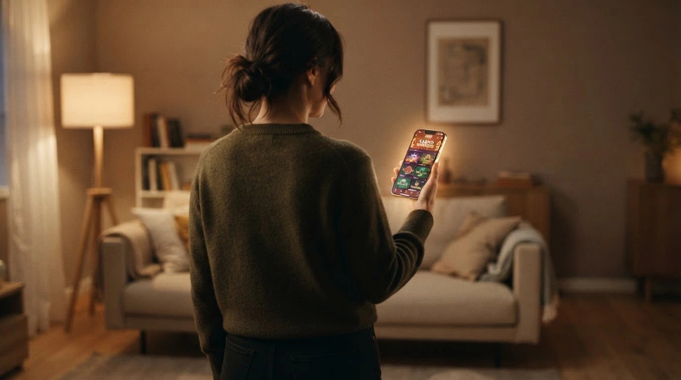 A person looking at a smartphone with a casino app screen, hand paused above the screen in a moment of consideration