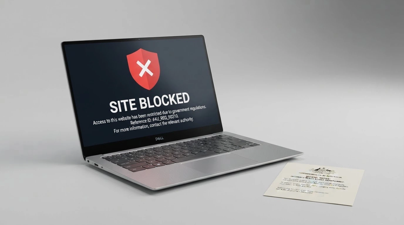 An Australian government website page showing casino regulation text beside a blocked-website notice on a screen
