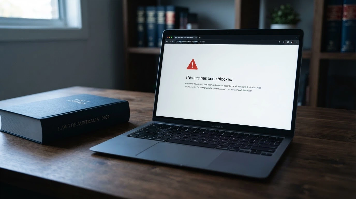 The Interactive Gambling Act 2001 statute volume beside a laptop screen showing an ACMA site-blocking notice