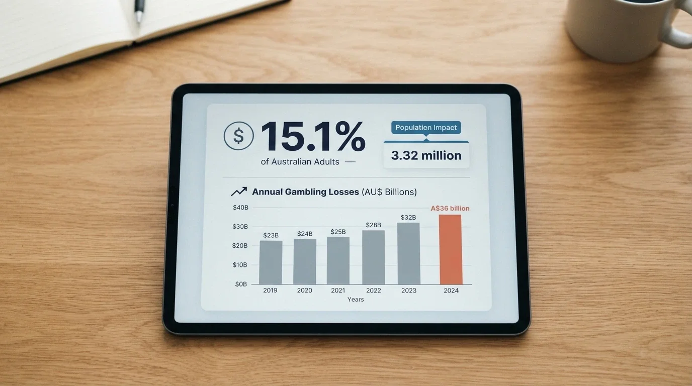An infographic showing 15.1% in large type, a population-figure callout of 3.32 million, and a bar chart of annual gambling losses
