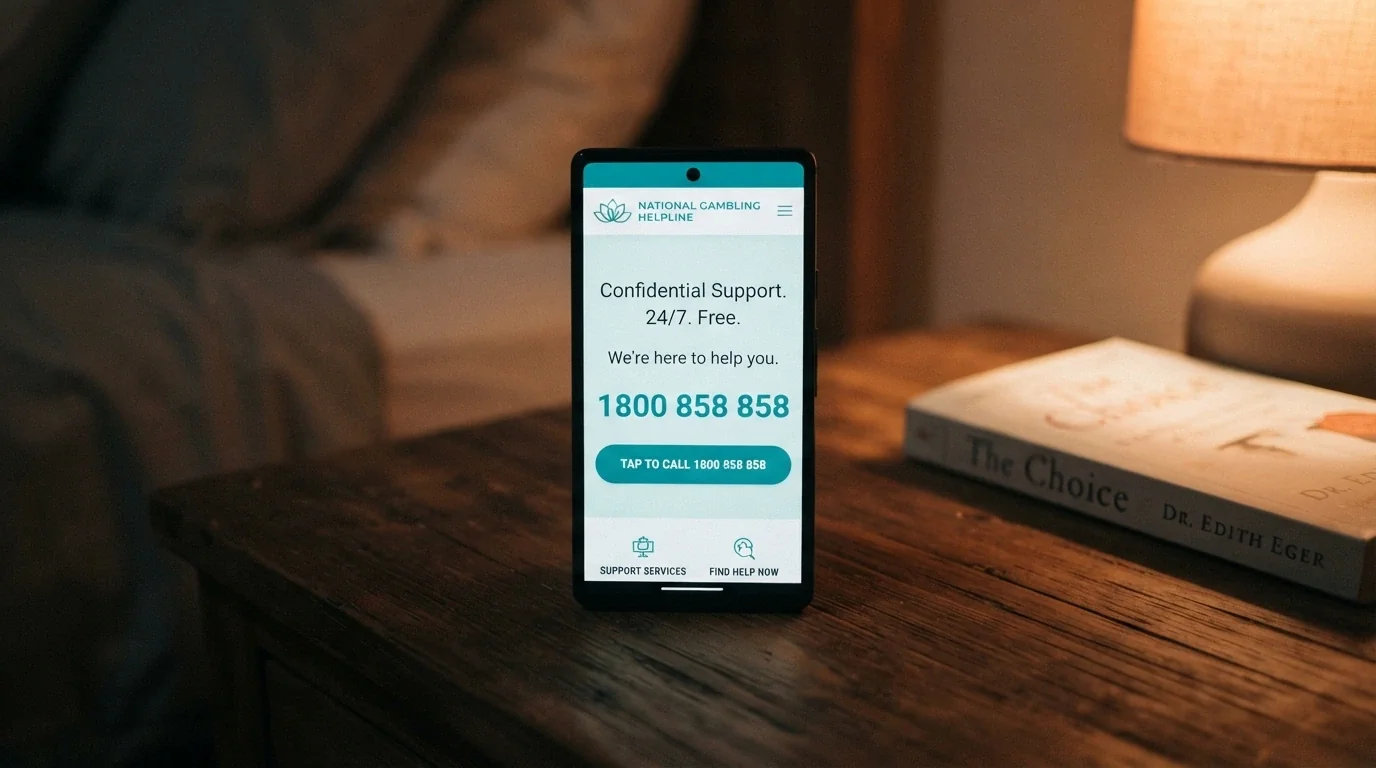 A smartphone displaying the Gambling Help Online homepage with the 1800 858 858 helpline number prominent