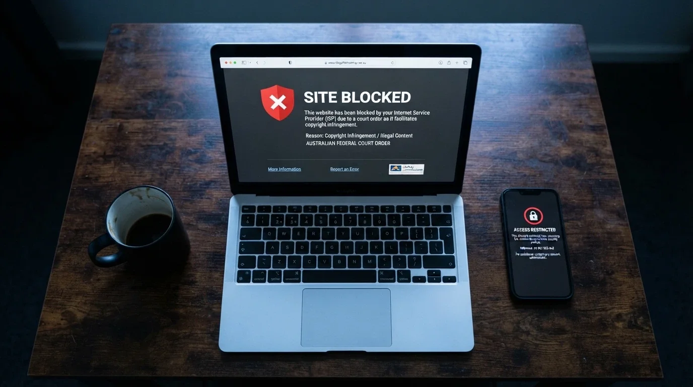 A close-up of the Interactive Gambling Act 2001 title page with the Commonwealth Coat of Arms visible, beside a laptop screen showing a blocked-site warning