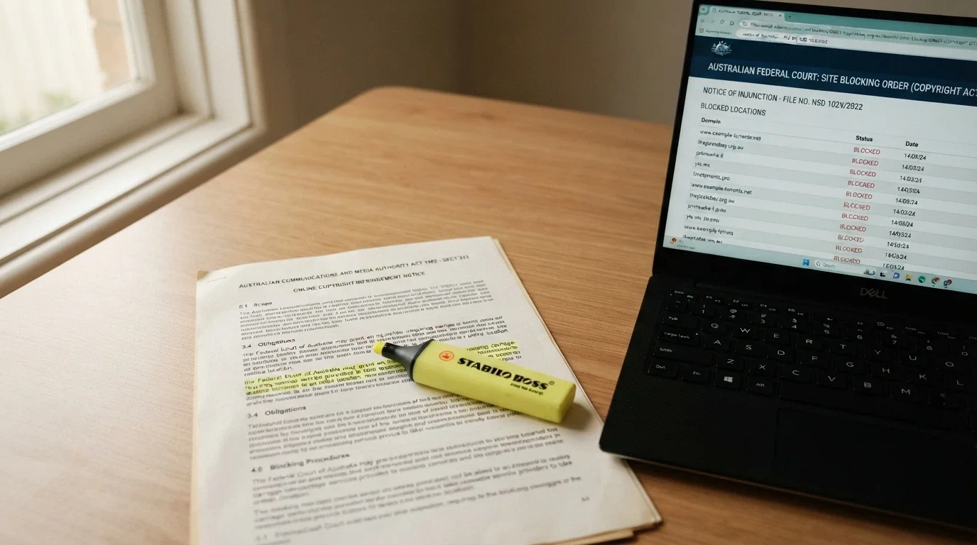 A desk with a printed copy of the Interactive Gambling Act 2001 lying open beside a laptop screen showing the ACMA blocking-notice page, a highlighter resting across a marked paragraph