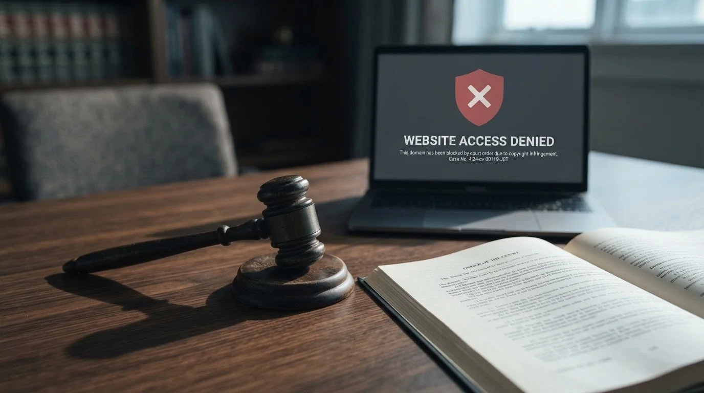 A gavel or legislative document icon beside a screen showing a blocked-website notice, in a muted, serious colour palette