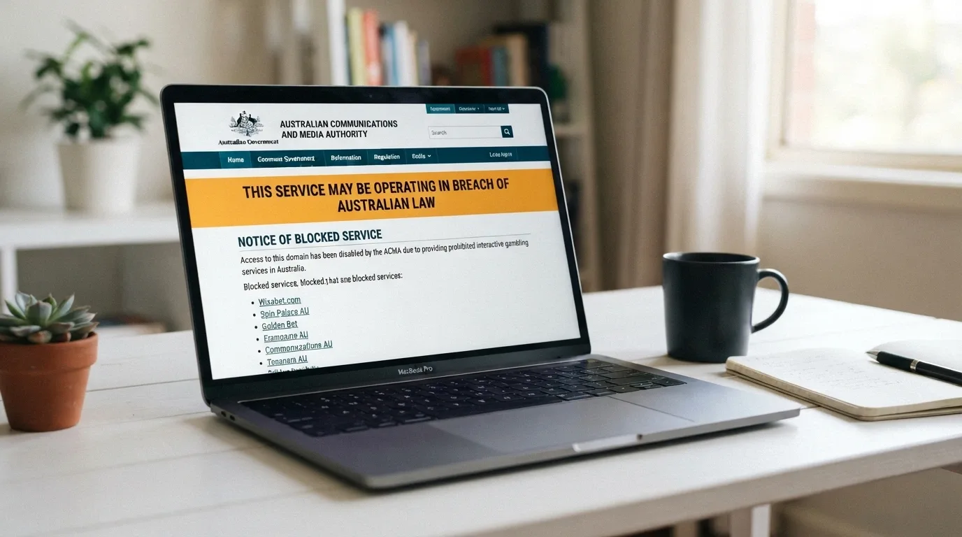 The ACMA logo on a government webpage beside a warning notice reading “this service may be operating in breach of Australian law”