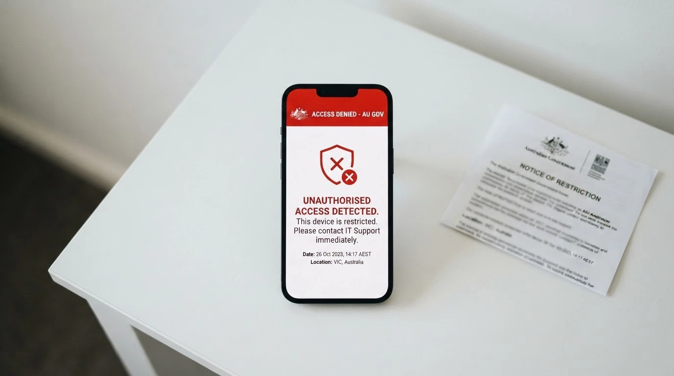 A smartphone screen showing a casino app blocked by an ACMA notice, with the Australian coat of arms visible on the notice