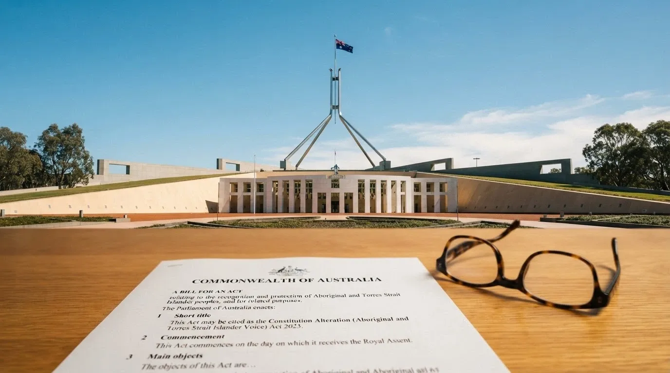 The Australian Parliament House with the Interactive Gambling Act document visible on a desk