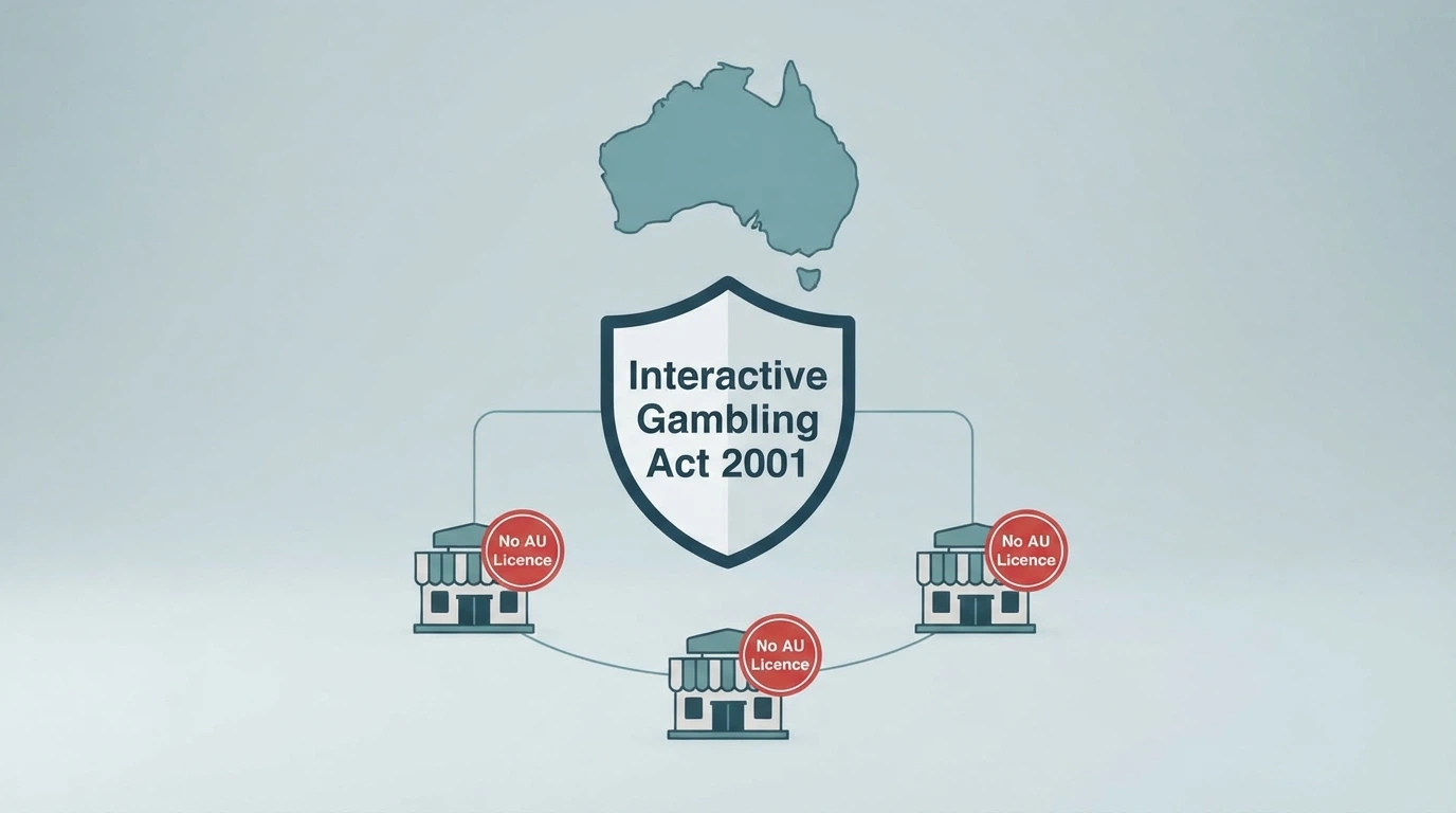 A clean infographic showing the Australian regulatory landscape — an ACMA logo, a shield labelled “Interactive Gambling Act 2001,” and three offshore casino icons marked with a red “No AU Licence” badge beneath a map of Australia