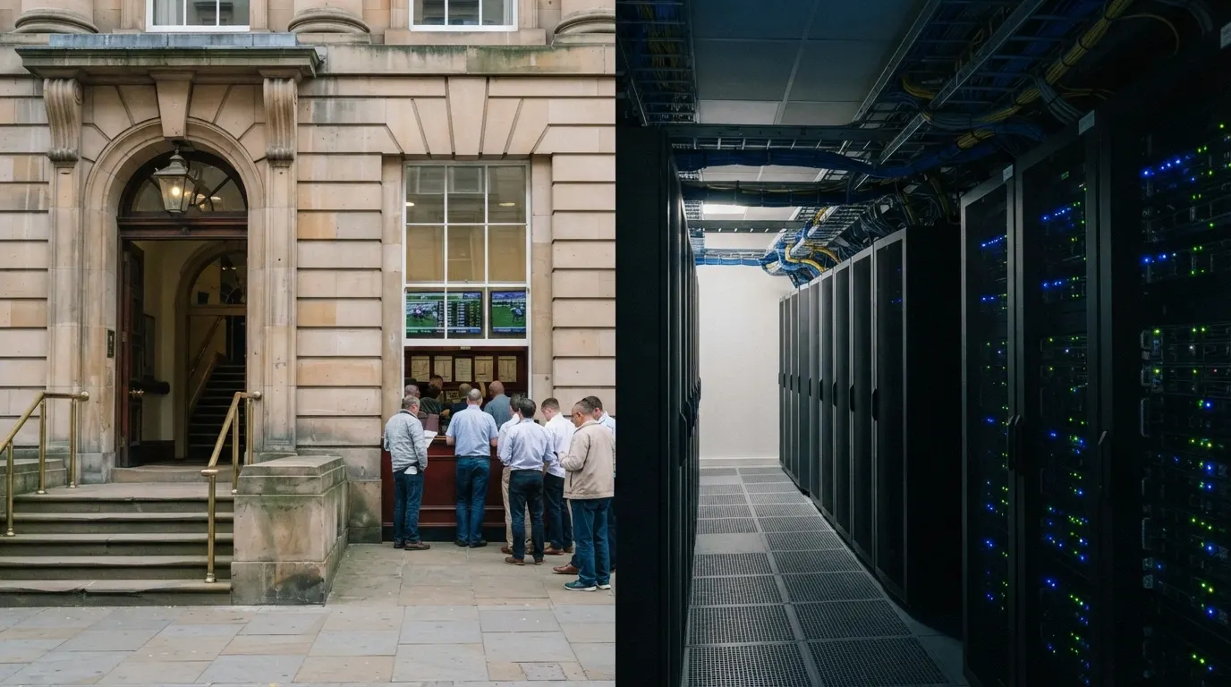 A side-by-side visual: on the left a government building with an official licence certificate, on the right a generic server room with no identifying marks