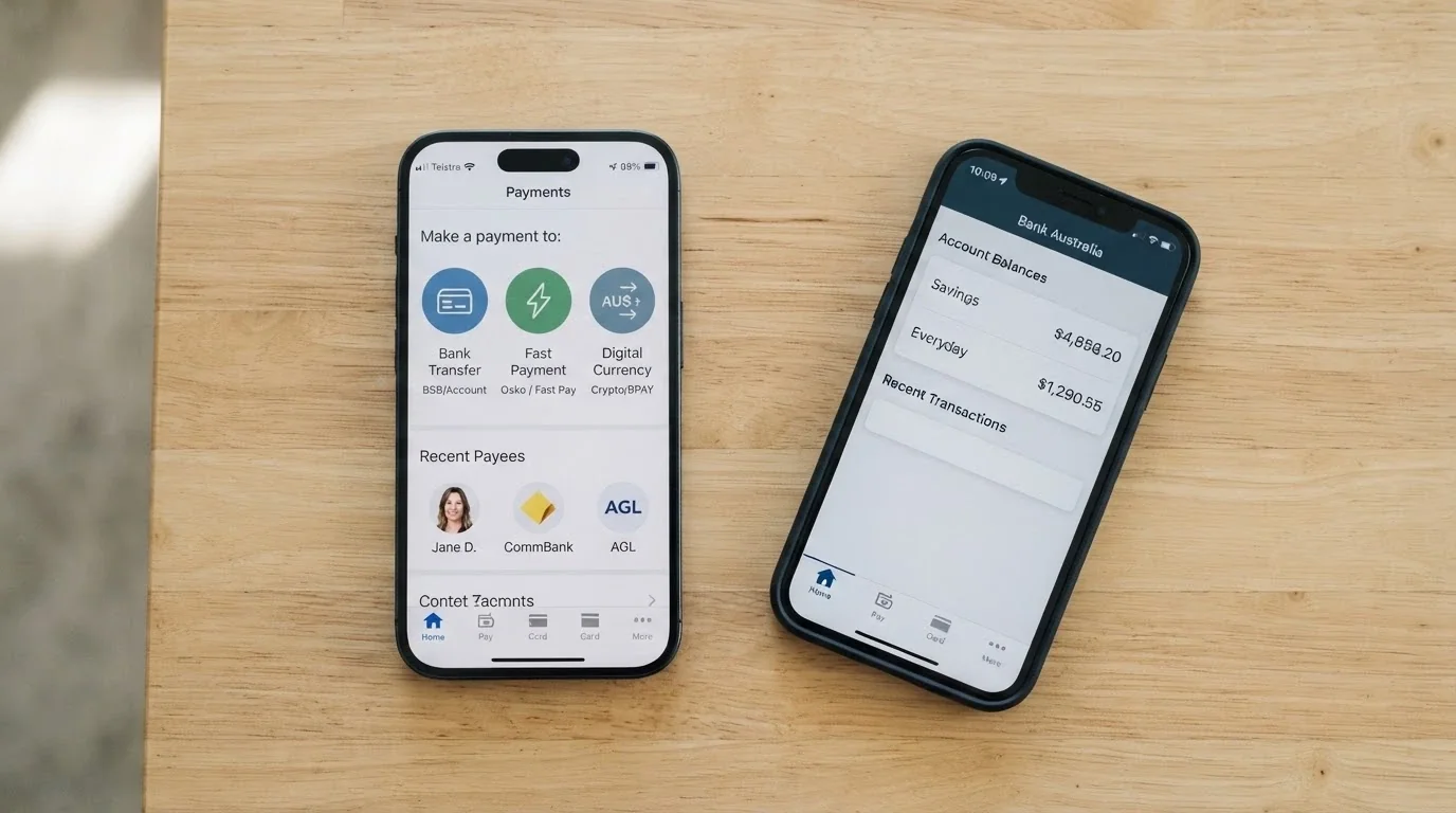 A smartphone displaying PayID, bank transfer and cryptocurrency payment icons with an Australian bank app in the foreground