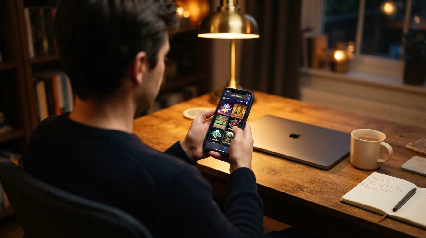 An Australian player evaluating mobile casino options on their phone, with the decision in their hands