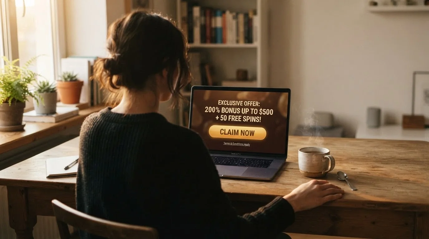 An Australian player looking at a laptop, thoughtful expression, with a bonus-offer pop-up partially visible on screen