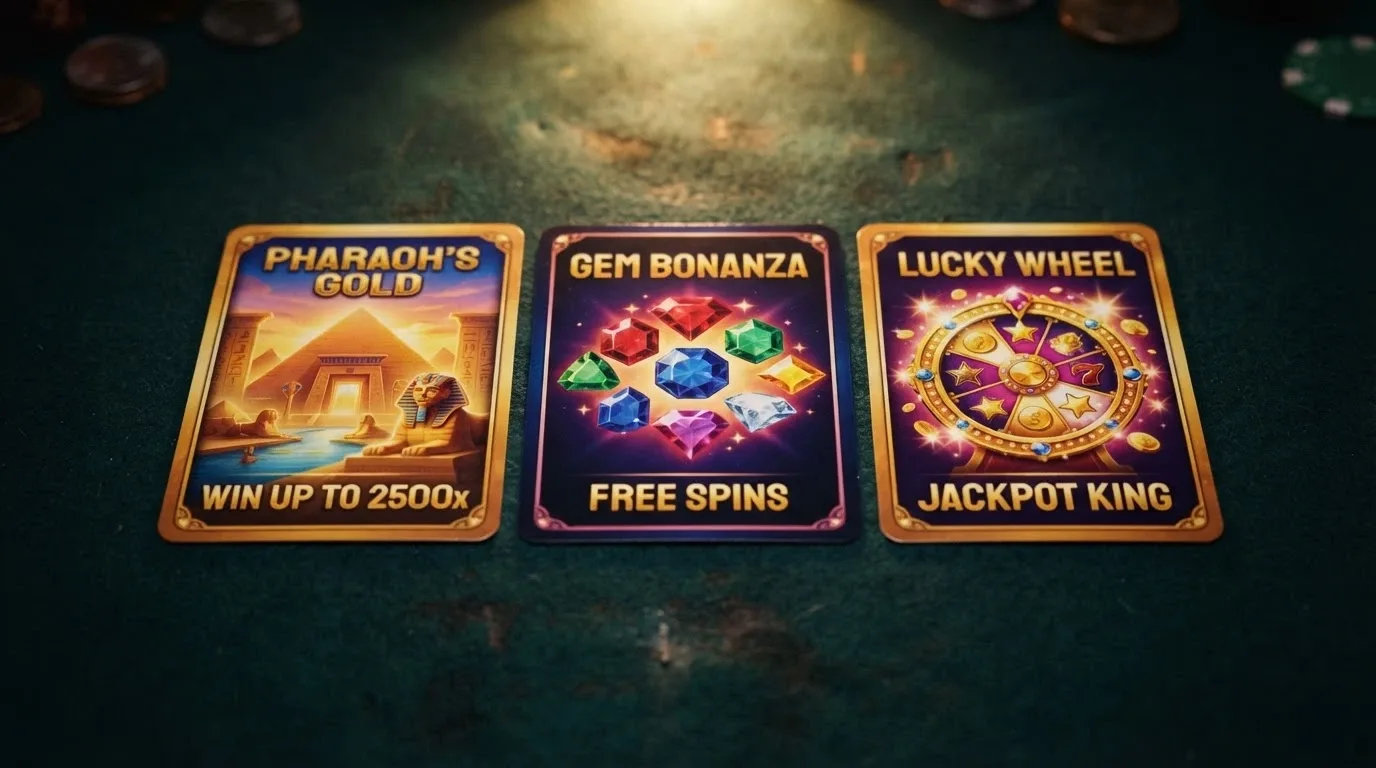 A row of colourful online-pokies title cards showing the games free spins are typically awarded on — Book of Pyramids, Aztec Clusters, Sparkling Fortunes