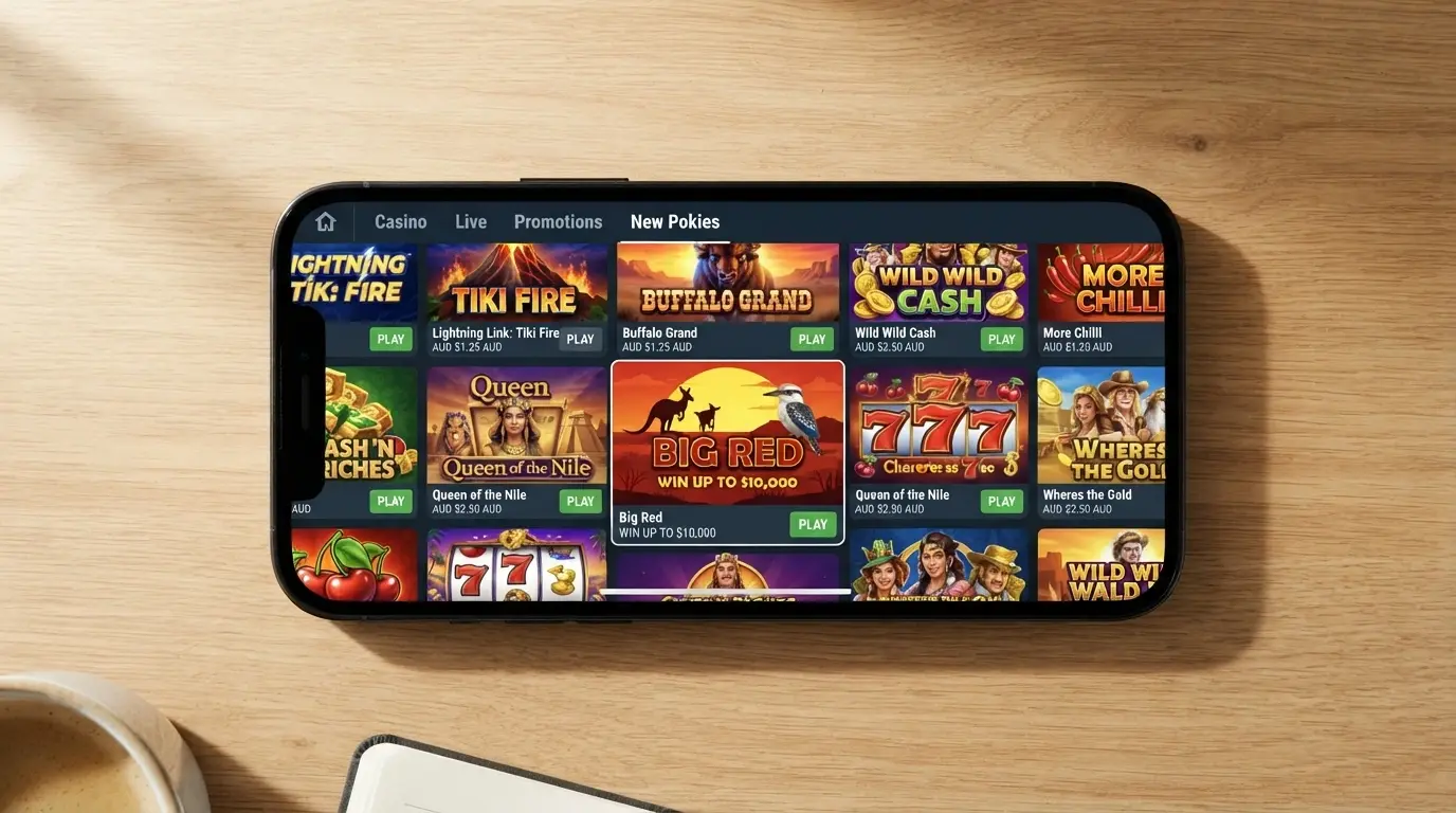 A smartphone screen showing a casino game lobby filtered to “New Pokies,” with game thumbnails arranged in a grid and an Australian-themed title visible among them