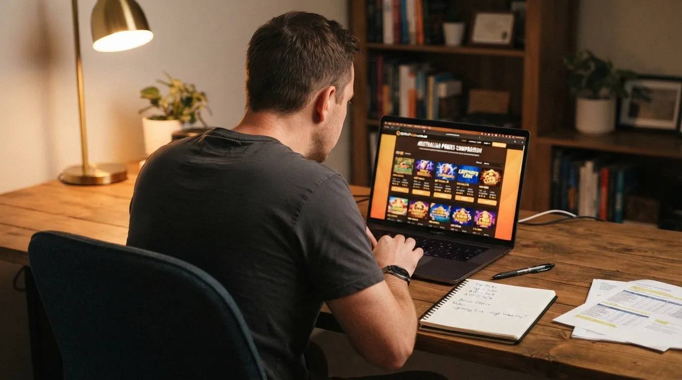 An Australian player reviewing pokies options on a laptop with handwritten notes