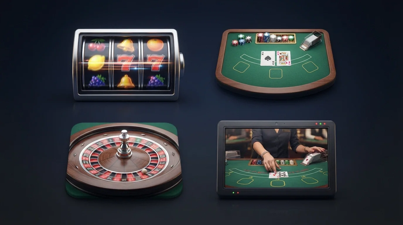 A grid of four game thumbnails — a high-RTP pokie reel, a blackjack table, a roulette wheel and a live-dealer studio with a real croupier on screen