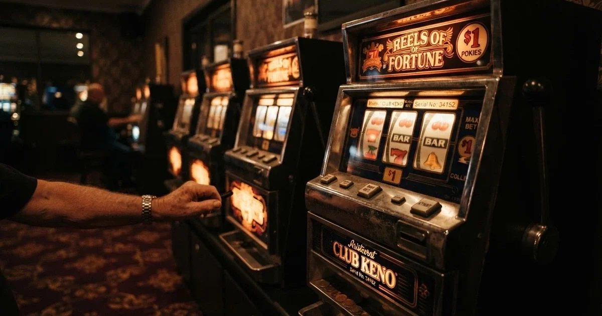 A row of classic three-reel pokie machines with illuminated fruit, BAR and seven symbols on the reels