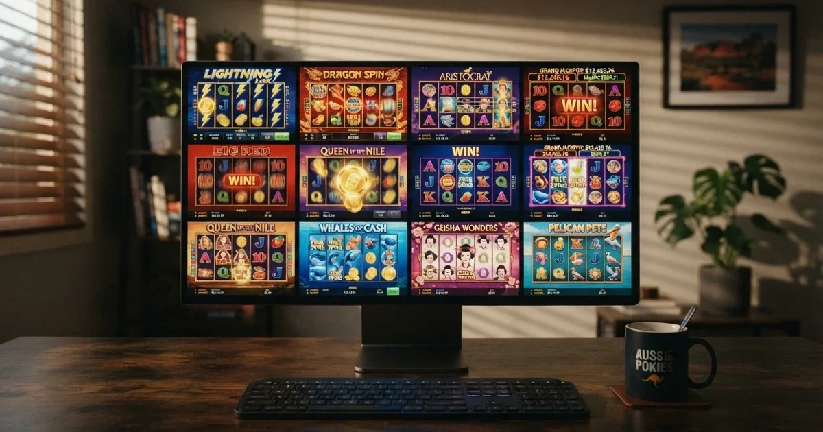A grid of five-reel online pokie screens showing different themes and reel layouts