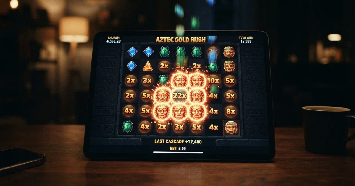 A 7×7 grid slot game screen showing cluster-pays symbols, tumbling reels mid-cascade with multiplier spots lit up across the grid