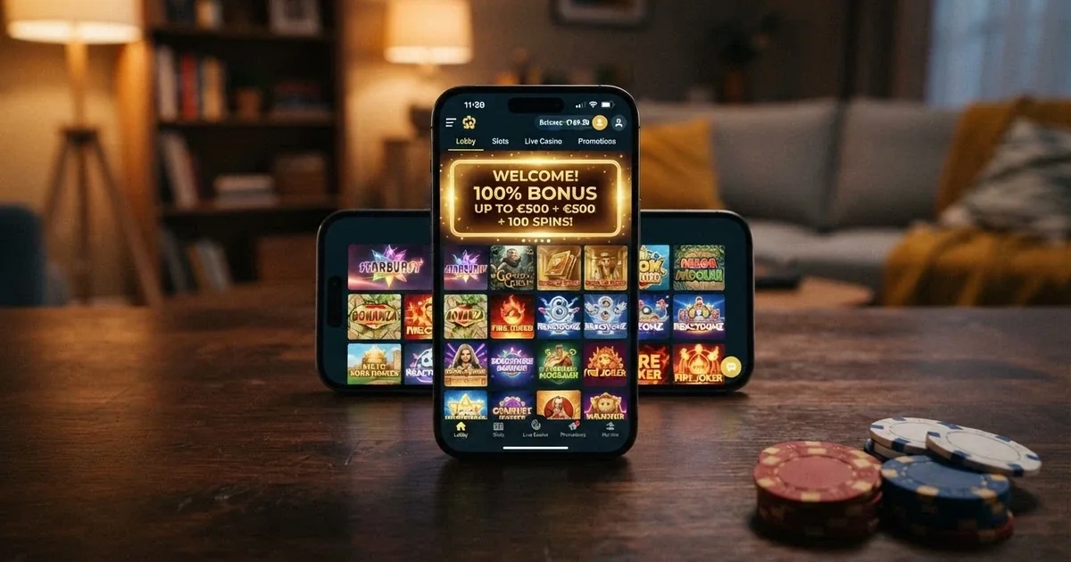 A smartphone displaying a casino app lobby with pokies thumbnails and a welcome-offer banner