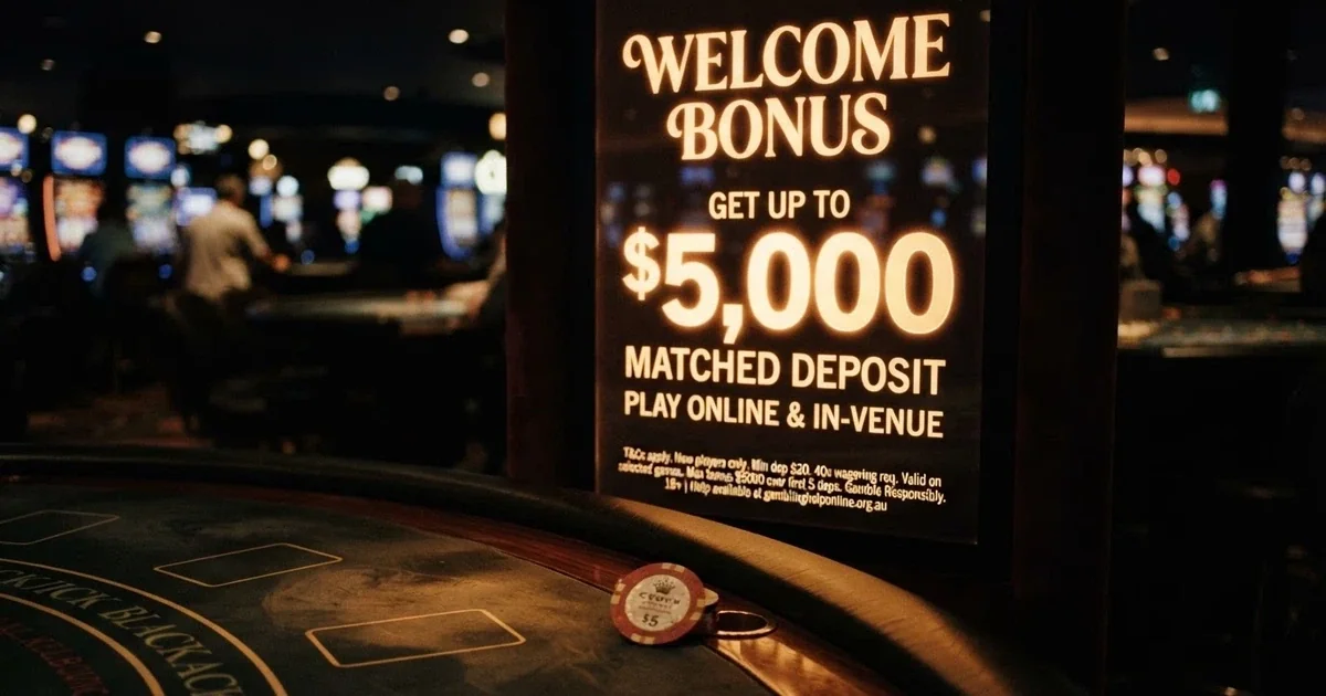 A split-screen comparison: on one side a glowing casino welcome bonus advertisement with a large dollar figure, on the other side the fine print of wagering terms and conditions under a magnifying glass