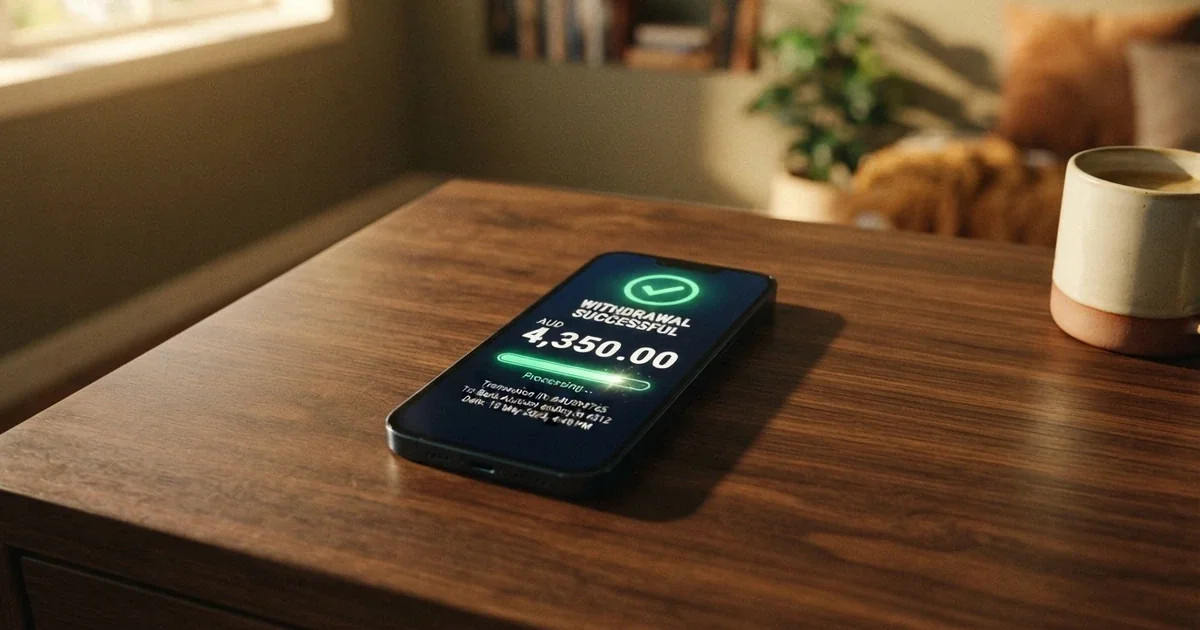 A smartphone screen showing a casino withdrawal confirmation with an Australian dollar amount and a processing-time indicator