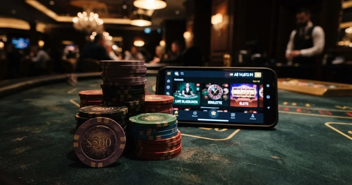 A darkened gaming table with a stack of high-denomination casino chips and a smartphone displaying a casino lobby in the background