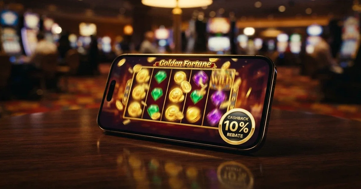 A row of colourful online casino slot game icons with a gold cashback-percentage badge overlaid