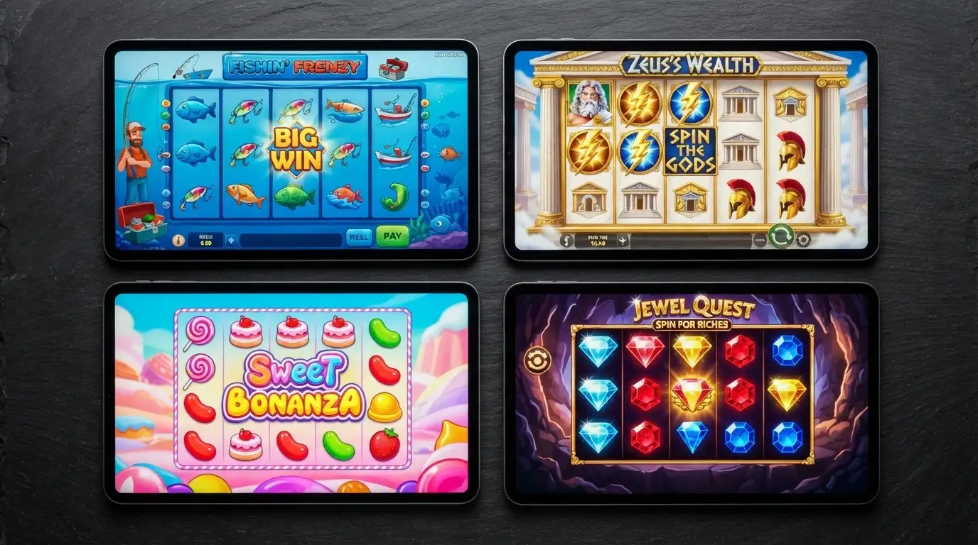 A grid of popular online pokies titles including Big Bass Bonanza and Gates of Olympus
