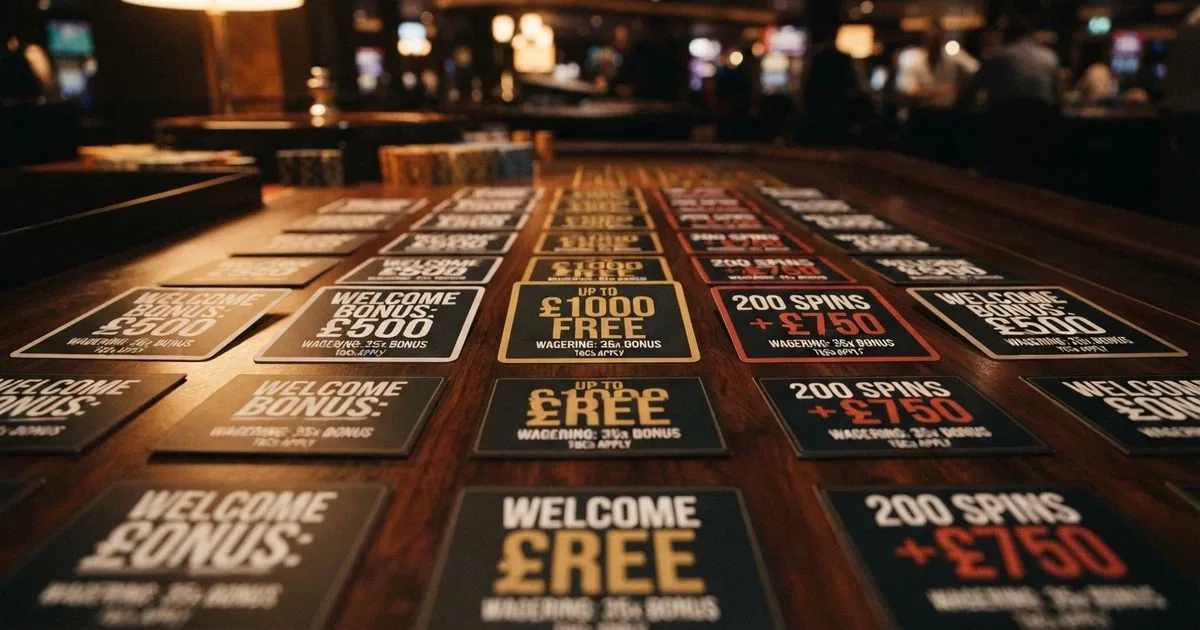 A comparison grid of welcome-bonus offer cards from several online casinos, with wagering multipliers and bonus amounts highlighted