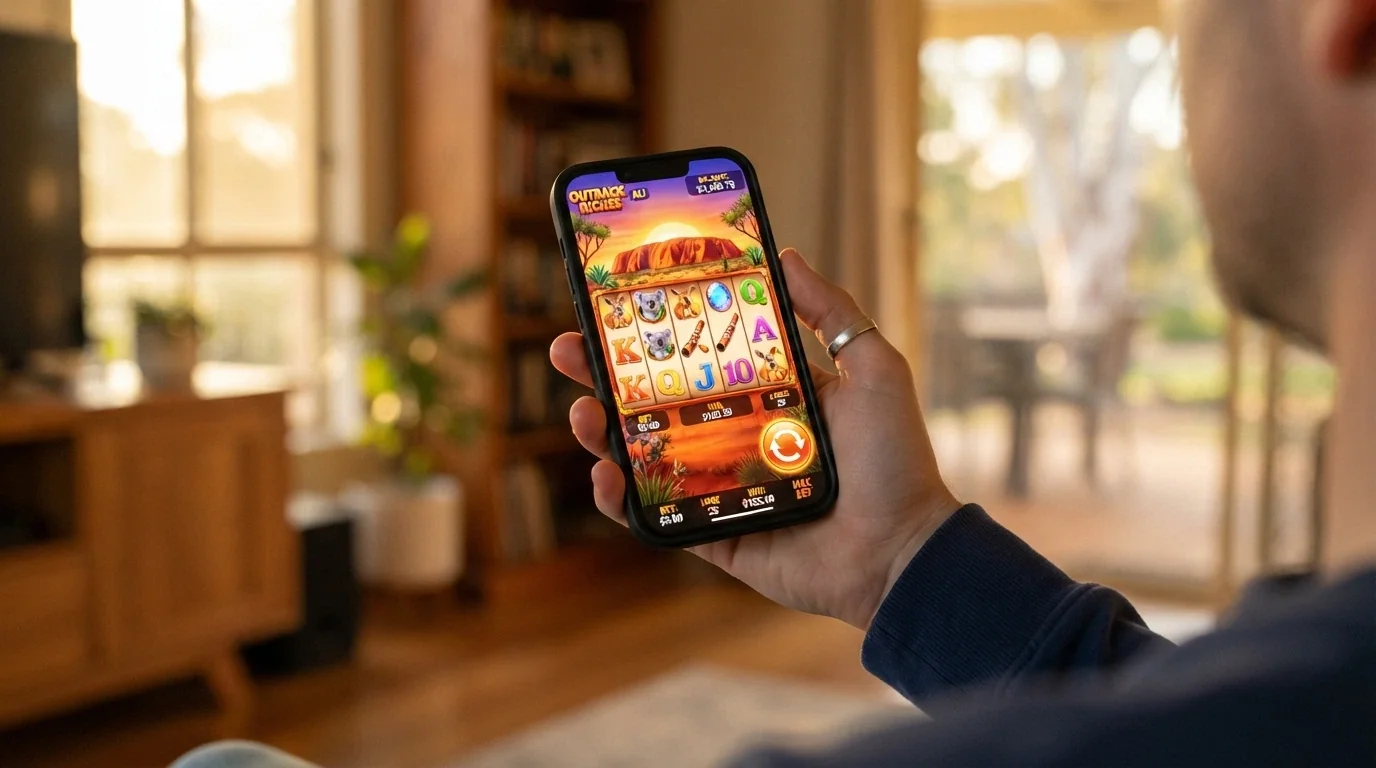 Betsoft's ToGo™ mobile-optimised interface displaying a slot on a smartphone held in an Australian setting