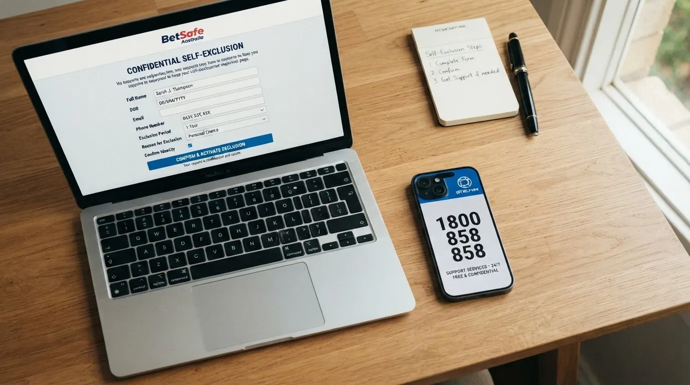 A clean, reassuring visual of a BetStop registration page on a laptop screen beside a phone displaying the 1800 858 858 helpline number, with the Gambling Help Online logo visible on both