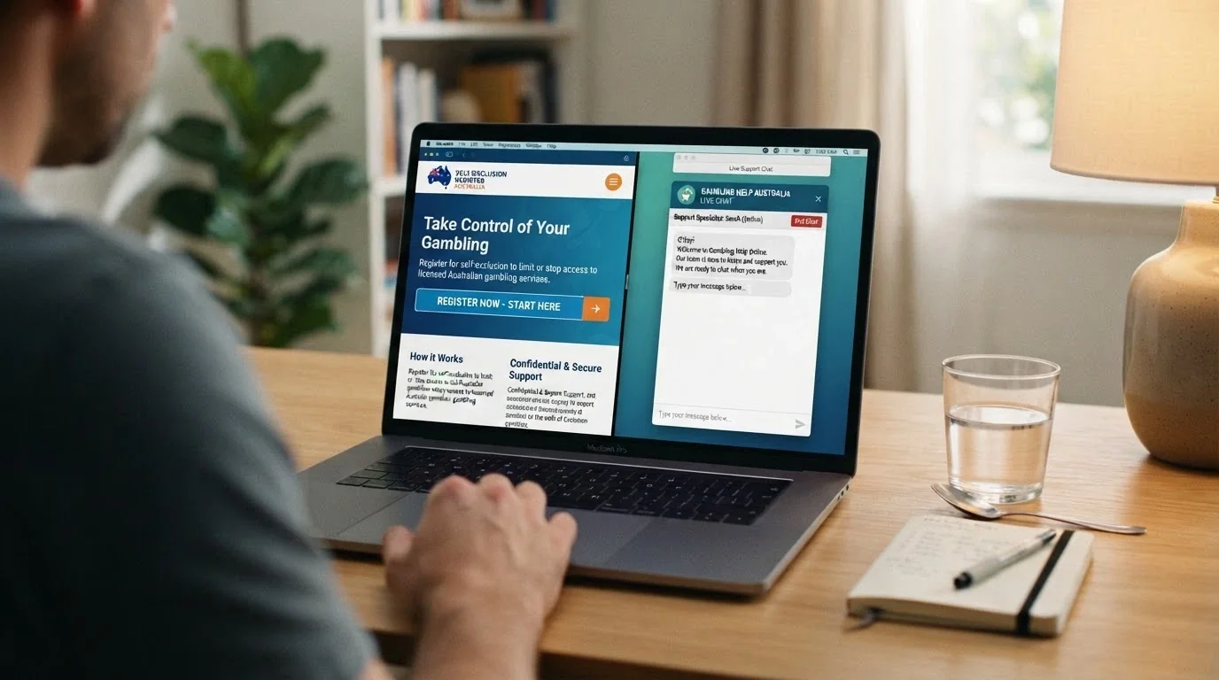 A split screen showing the BetStop National Self-Exclusion Register homepage beside the Gambling Help Online live-chat interface