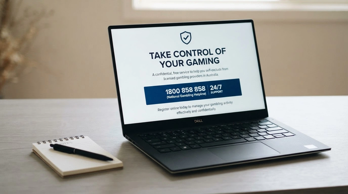 The BetStop National Self-Exclusion Register landing page on a screen, with the 1800 858 858 helpline number displayed prominently beside it