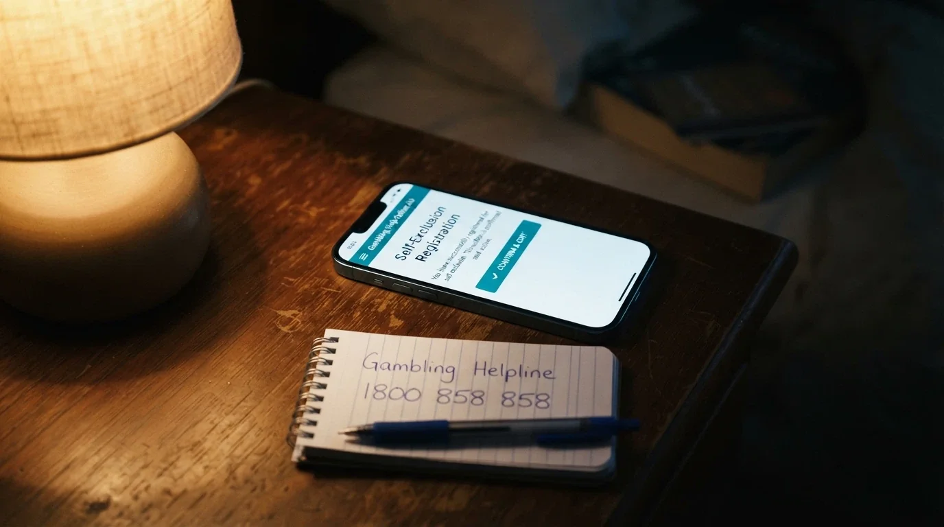 A smartphone displaying the BetStop registration page beside a notepad with the National Gambling Helpline number 1800 858 858 handwritten on it