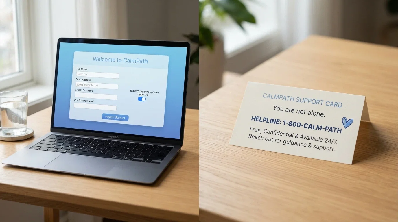 A split composition: a BetStop registration screen on one side, a Gambling Helpline 1800 858 858 card on the other, calm blue tones