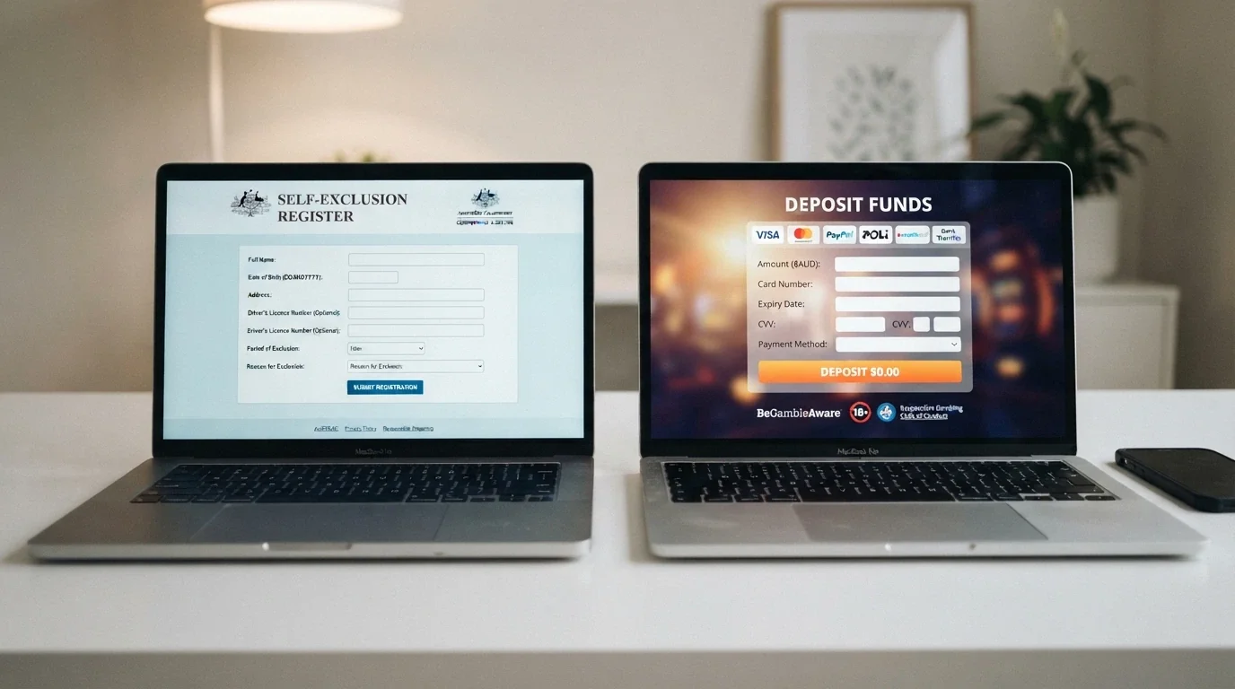 A split image — one side shows the BetStop registration screen on a government website, the other side shows an offshore casino deposit screen with no self-exclusion option visible