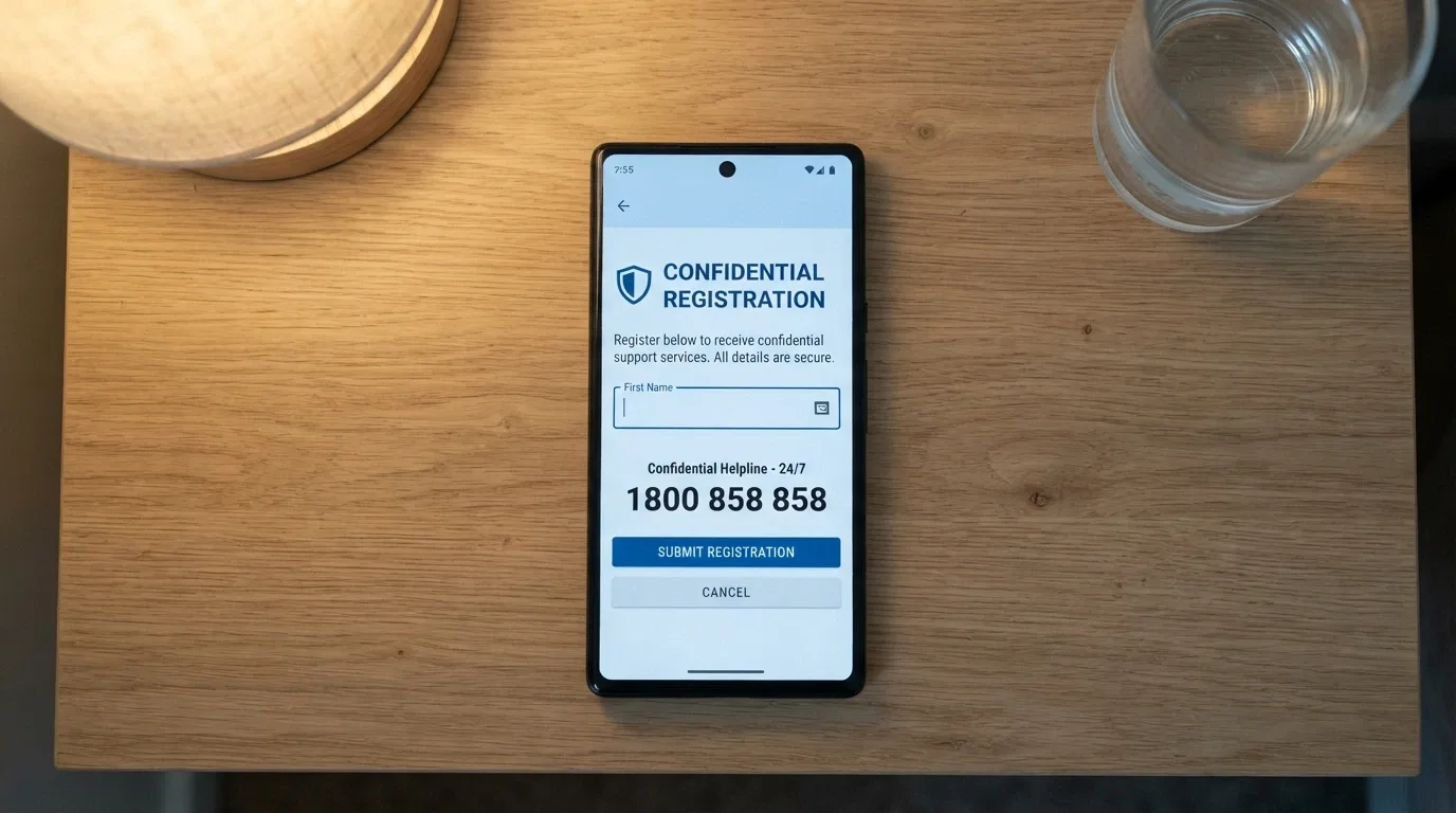 A close-up of a smartphone screen showing the BetStop registration page alongside the 1800 858 858 helpline number