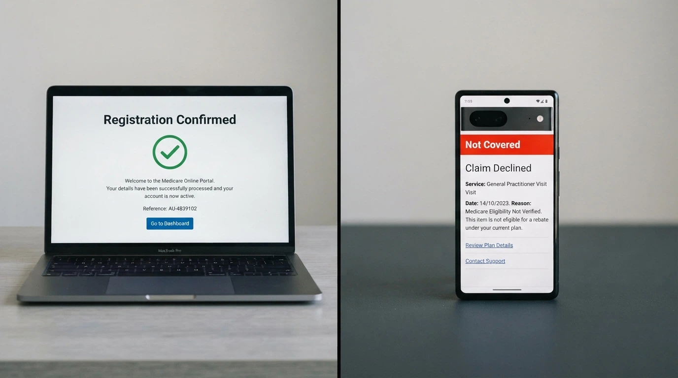A split-screen: on the left, a BetStop registration confirmation screen with a green tick; on the right, an offshore casino deposit screen with a red warning overlay reading “BetStop does not cover this site”