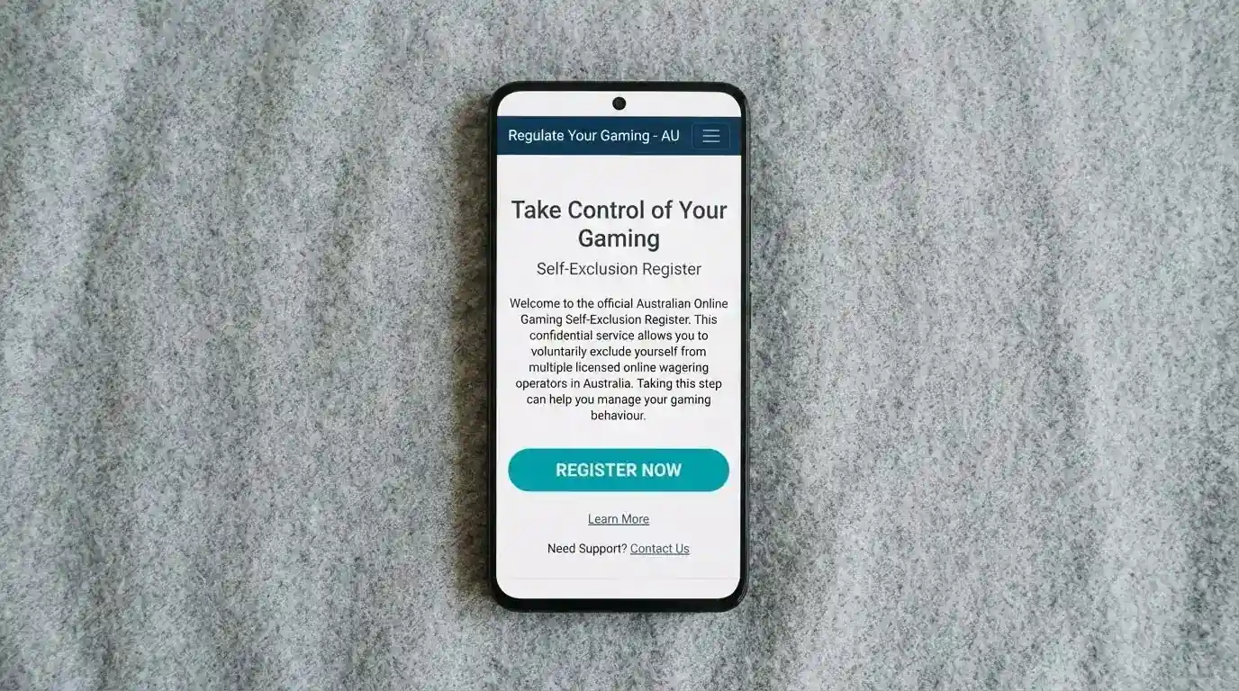 An Android phone displaying the BetStop national self-exclusion register homepage with the registration prompt visible