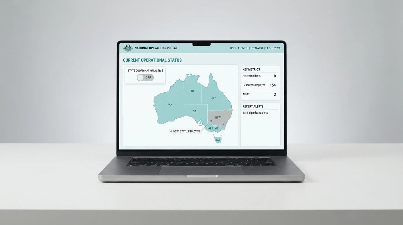 A government-style dashboard interface with a self-exclusion toggle and an Australian map, one section greyed out