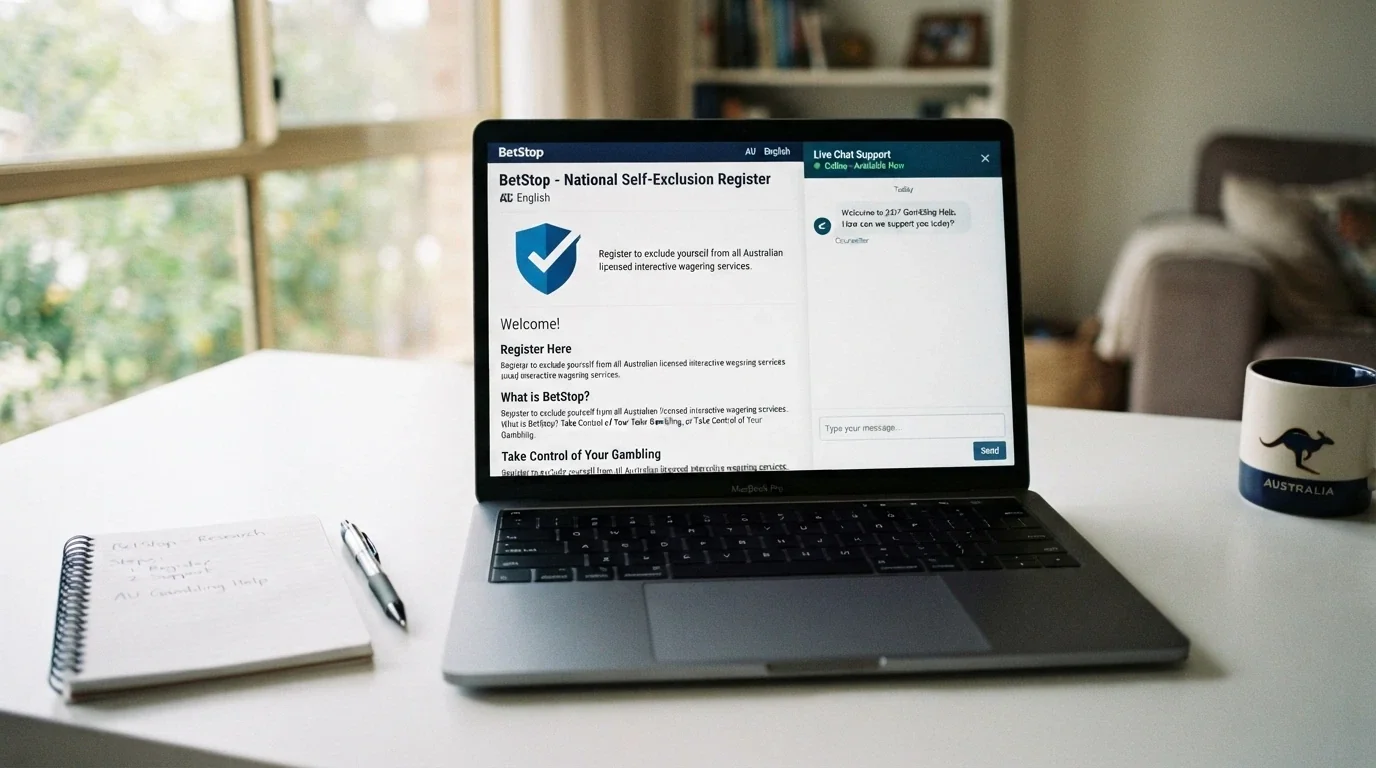 A laptop screen displaying the BetStop National Self-Exclusion Register homepage alongside the Gambling Help Online chat interface