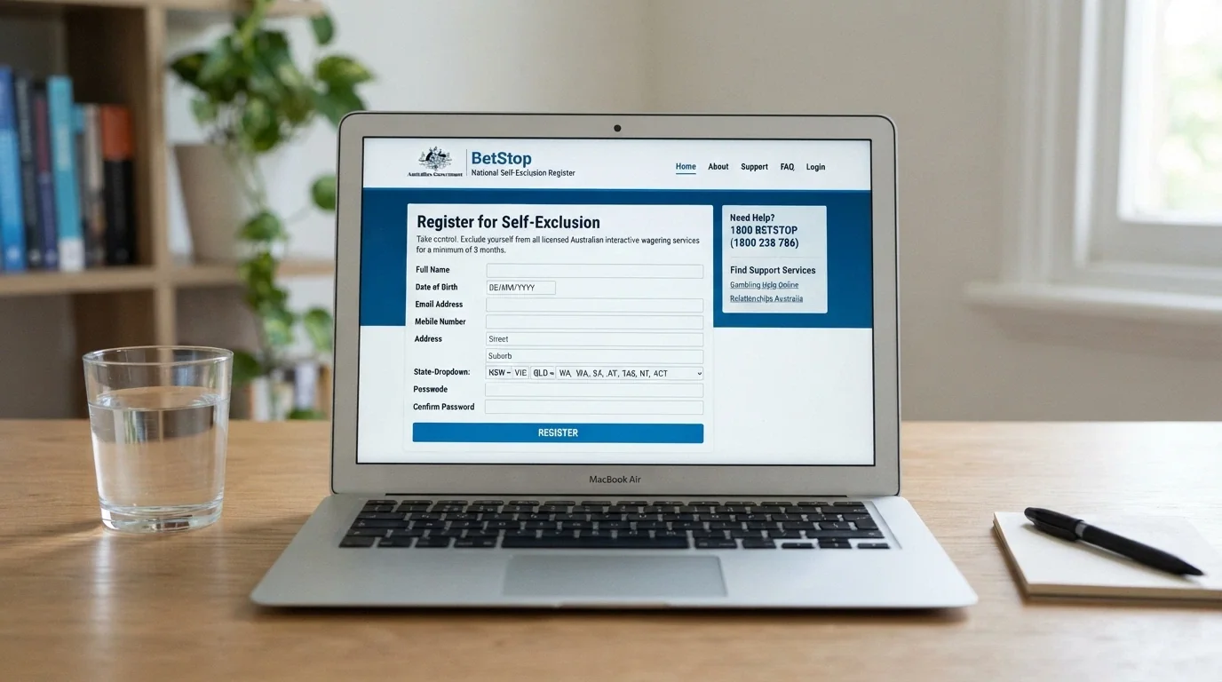 The BetStop National Self-Exclusion Register homepage displayed on a screen