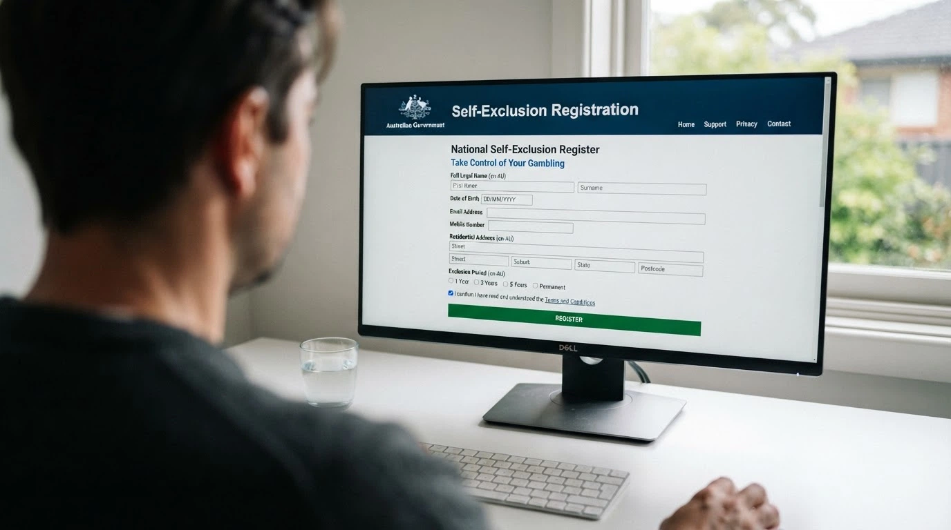 A computer screen showing the BetStop.gov.au landing page with the self-exclusion registration form visible