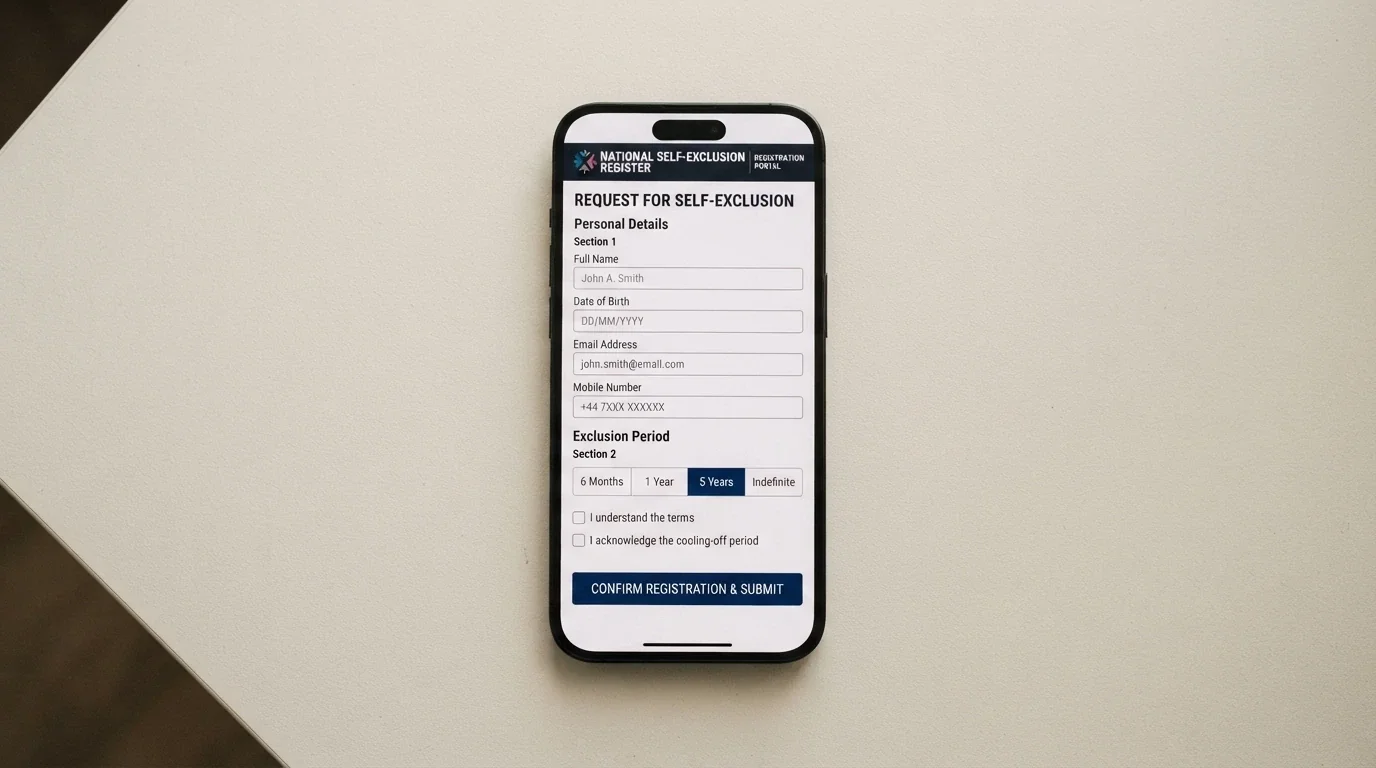 A smartphone screen showing the BetStop registration interface with the national self-exclusion form