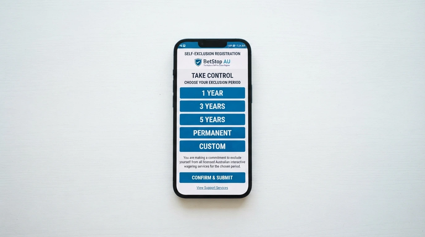 A smartphone showing the BetStop registration interface with the self-exclusion period options — 3 months, 1 year, 2 years, 5 years or lifetime