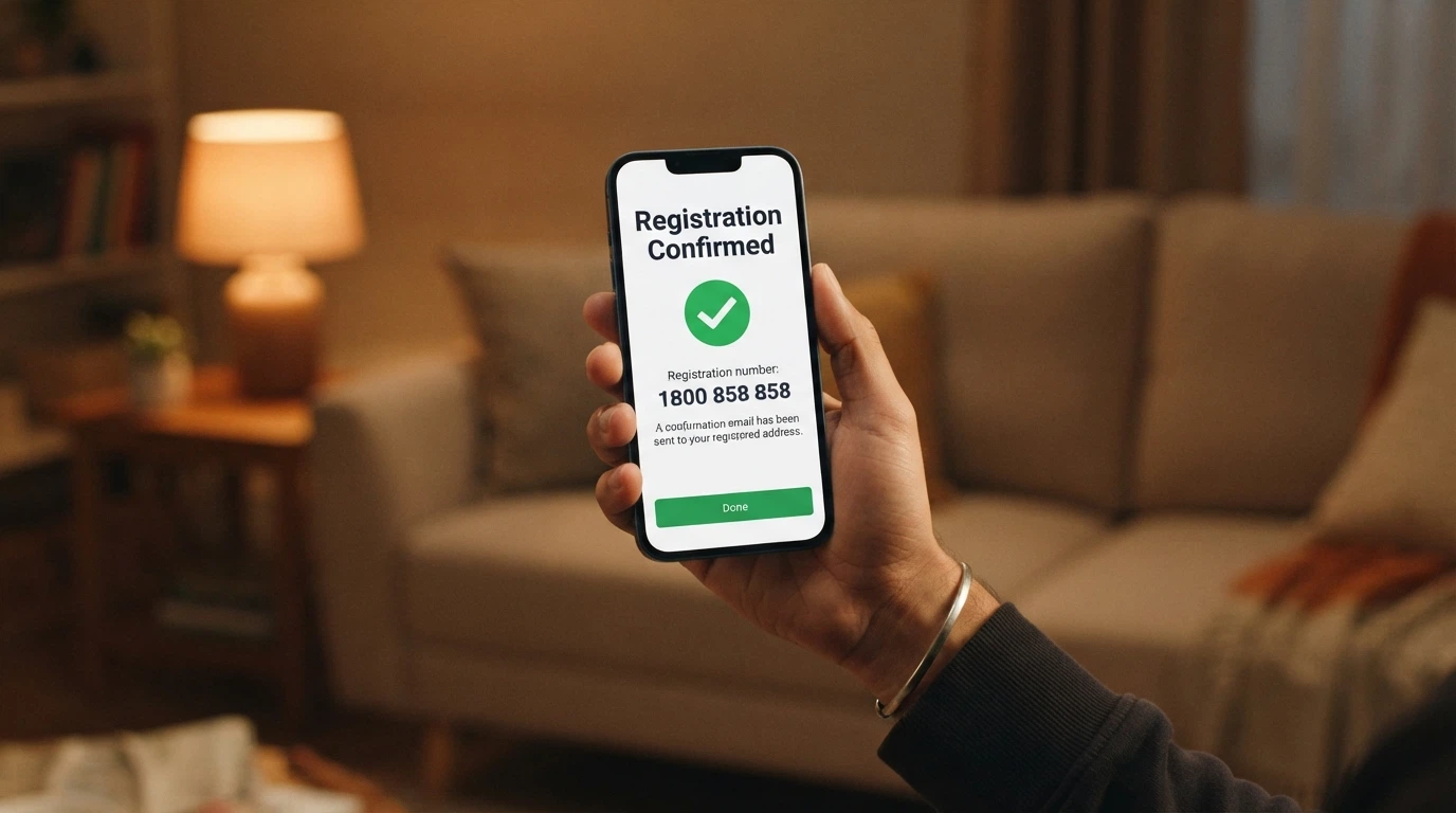 A smartphone displaying the BetStop registration confirmation screen with the National Gambling Helpline number 1800 858 858 visible alongside it