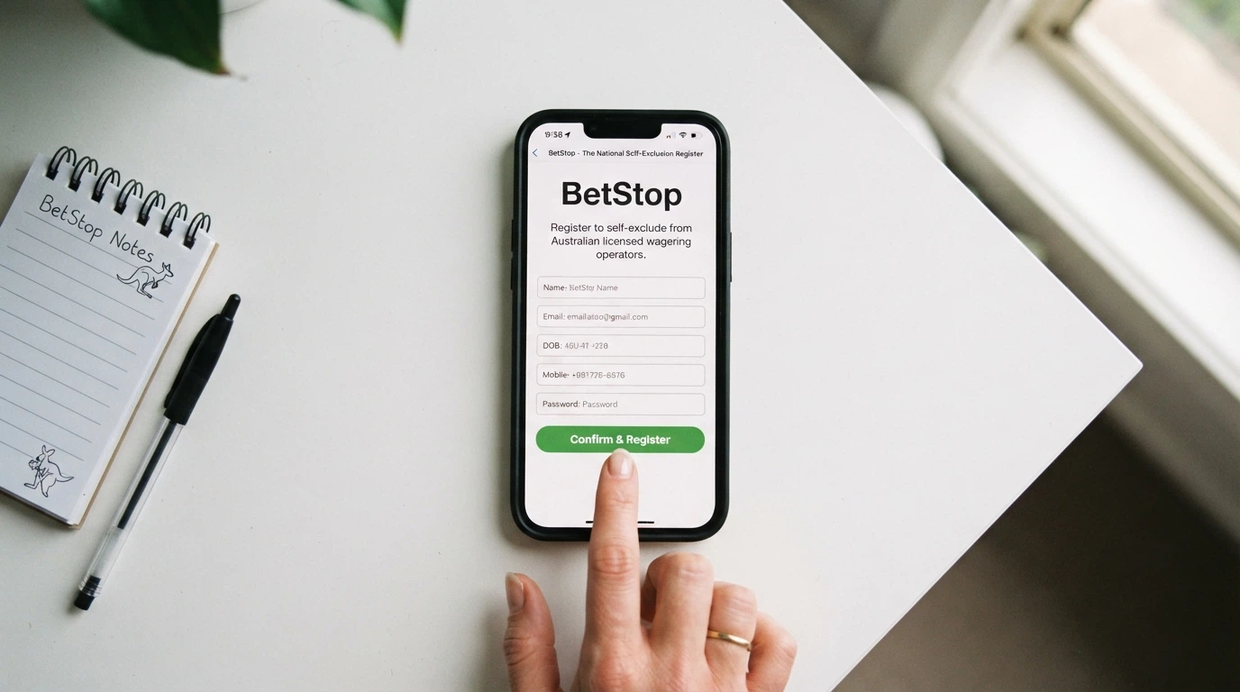 A support helpline phone or BetStop registration screen visual, conveying the availability of free, confidential help regardless of where a player gambles