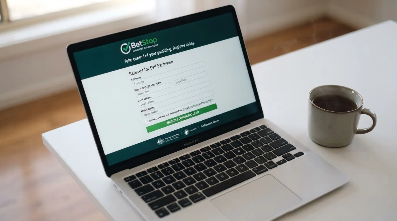 The BetStop National Self-Exclusion Register website on a laptop screen